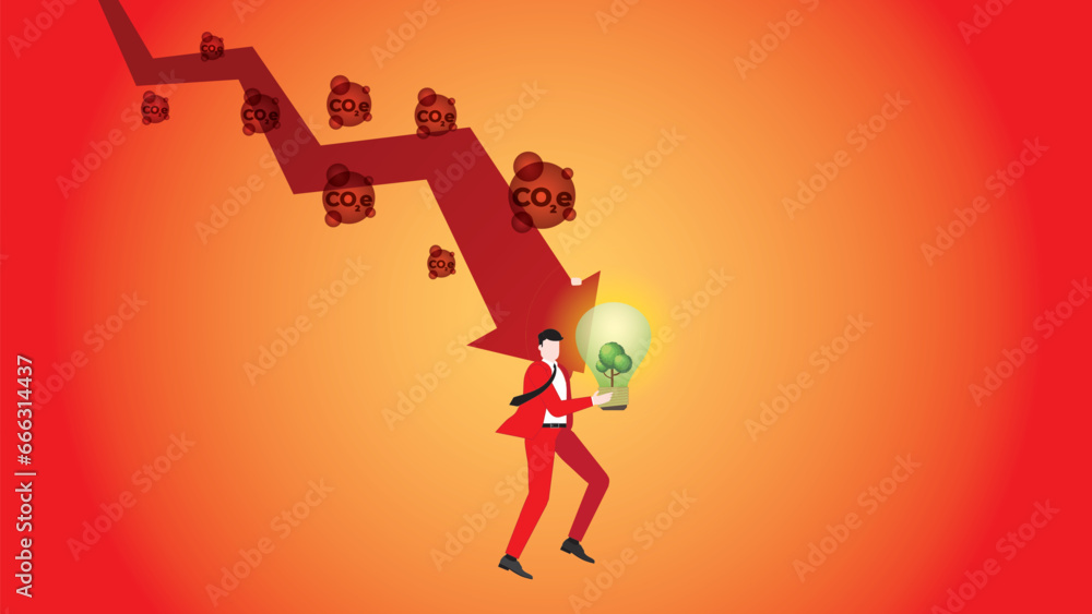 A businessman holds on a down graph of CO2e and a tree lightbulb. Net zero carbon footprint emission, Sustainability, Global heating, Climate emergency, crisis, red, and hot environmental.