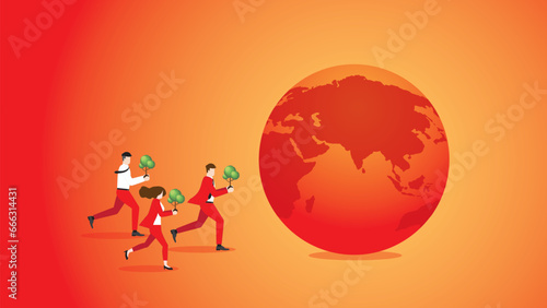 People run and bring trees to the red and hot earth. Environmental concern, plant a tree, Net zero carbon footprint emission, Sustainability, Global heating, Climate emergency, and crisis concept. photo