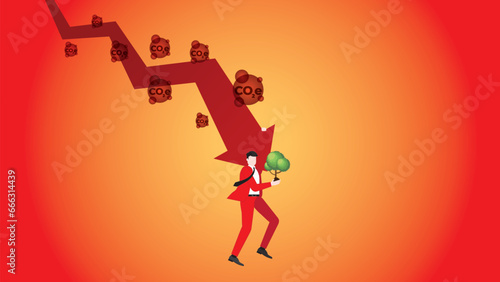 A businessman holds on a down graph of CO2e and a tree, to protect the earth. Net zero carbon footprint emission, Sustainability, Global heating, Climate emergency, crisis, red, and hot environmental.