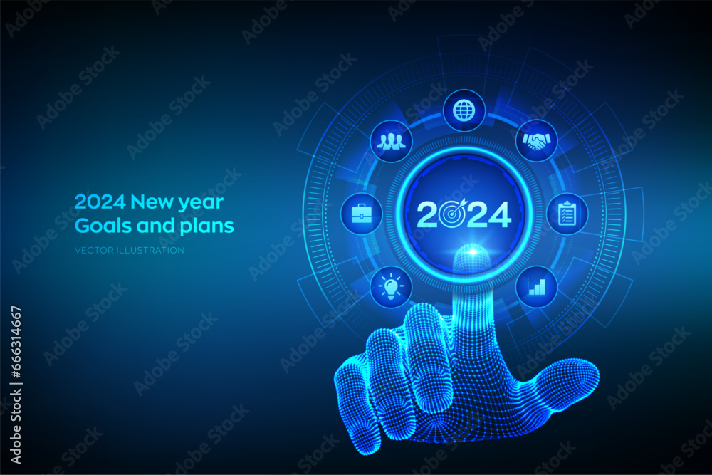2024 New year Goals and plans. Business plan and strategies. Goal acheiveement and success in 2024. Resolutions, plan, action, checklist concept. Wireframe hand touching digital interface. Vector. 2024 New year Goals and plans. Business plan and strategies. Goal acheiveement and success in 2024. Resolutions, plan, action, checklist concept. Wireframe hand touching digital interface. Vector.