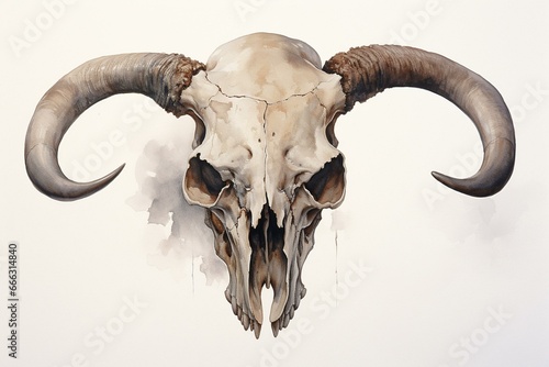 Illustration of a bison skull using watercolor. Generative AI