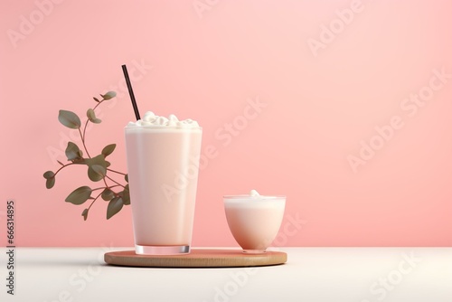 Image featuring a minimal background with a milk tea on a podium and pink backdrop, perfect for smoothie and drink presentations. Includes cafe poster templates mockup in 3D render. Generative AI