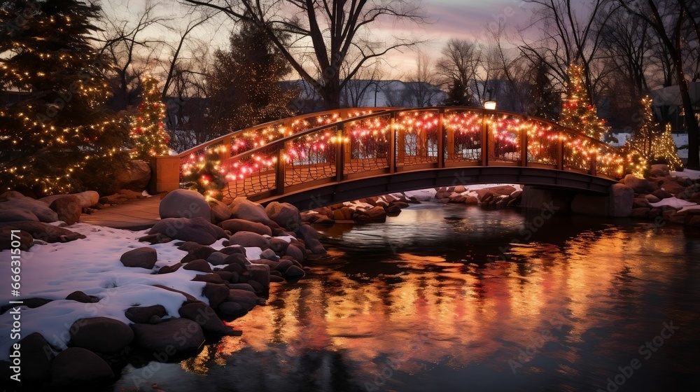 A picturesque bridge framed by decorative holiday lights 
