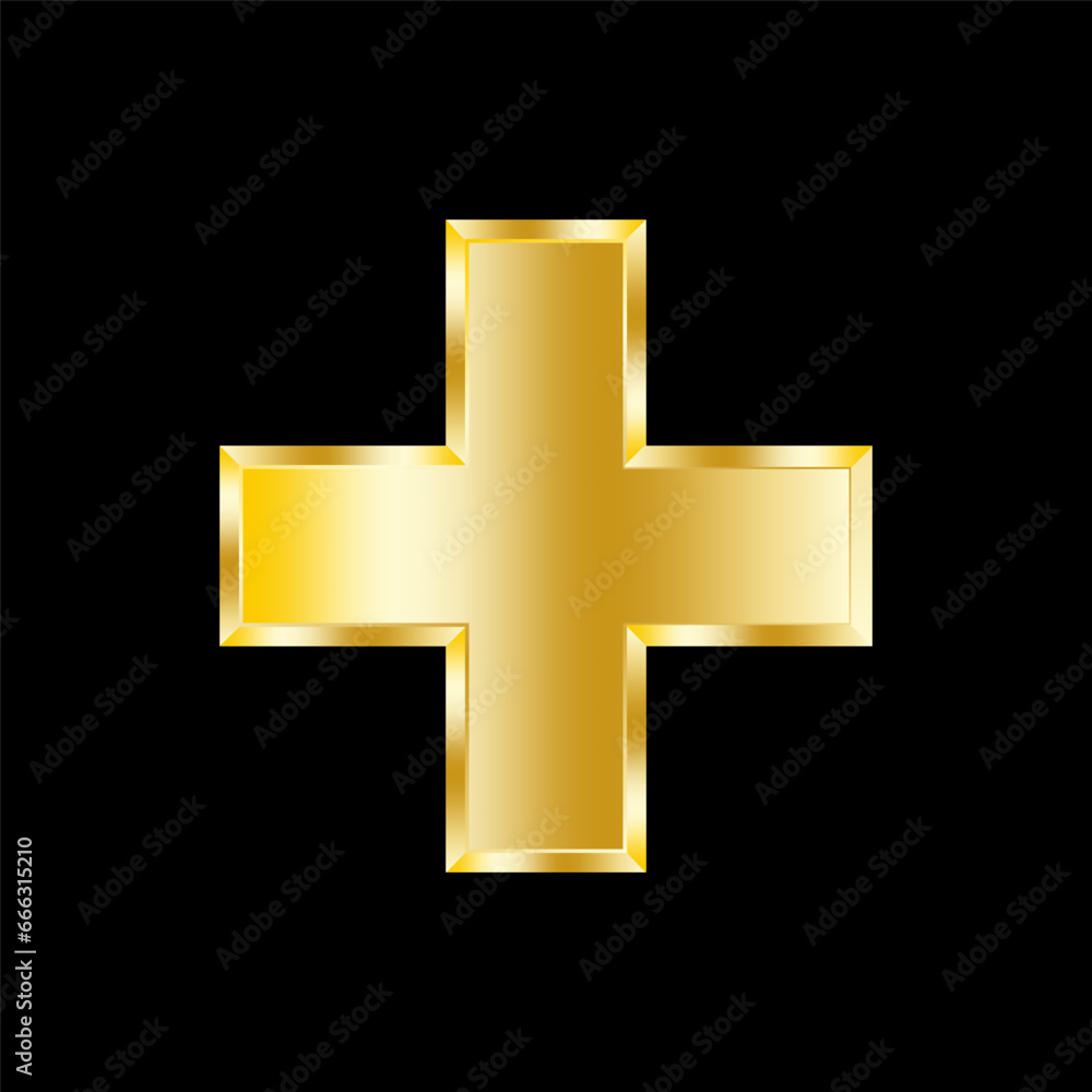 Obraz premium Plus sign. Rectangular beveled golden font. Vector illustration. EPS 10.