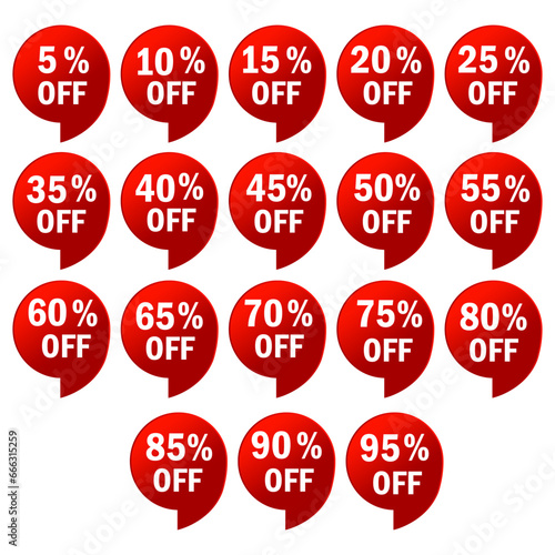 Different percent discount sticker. Discount price tag set. Vector illustration. EPS 10.