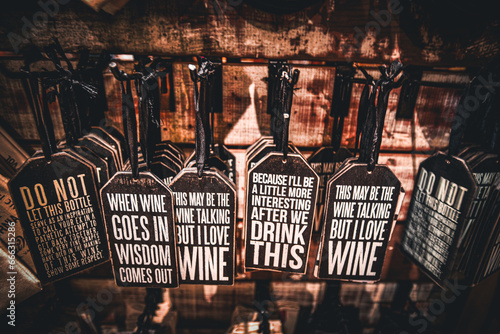 фотографія Funny Decorative Cards about Drinking Wine in a Wooden Background