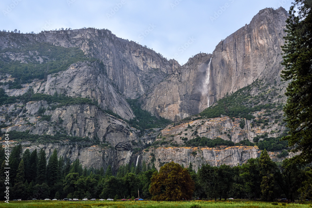 Upper and Lower Cascades of Yosemite Falls seen from Yosemite Valley, California