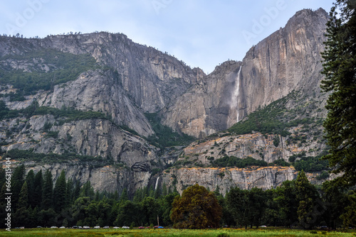 Upper and Lower Cascades of Yosemite Falls seen from Yosemite Valley, California