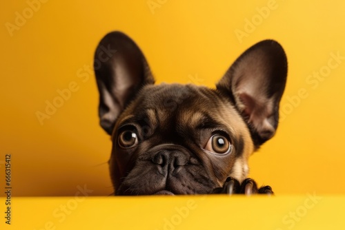cute puppy peeks out from behind a yellow background . Veterinary concept. Generative ai © Алина Бузунова