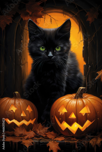 Jack o lantern pumpkin faces and black cat © LFK