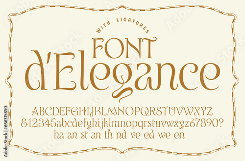 An elegant and ornate font that includes a collection of ligature characters. Great for wine bottles, fine cheese labels, gourmet caviar labels, olive oil branding, etc.