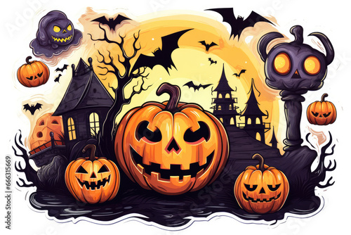 Witch and pumpking halloween elements sticker isolated on a white background