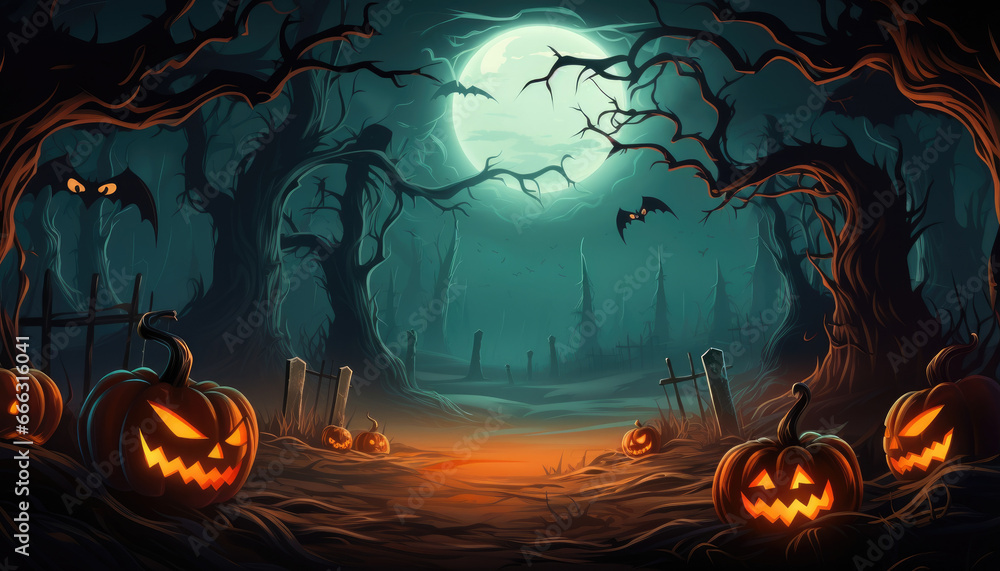 Background with tree branches, graves, bat silhouettes and pumpkins