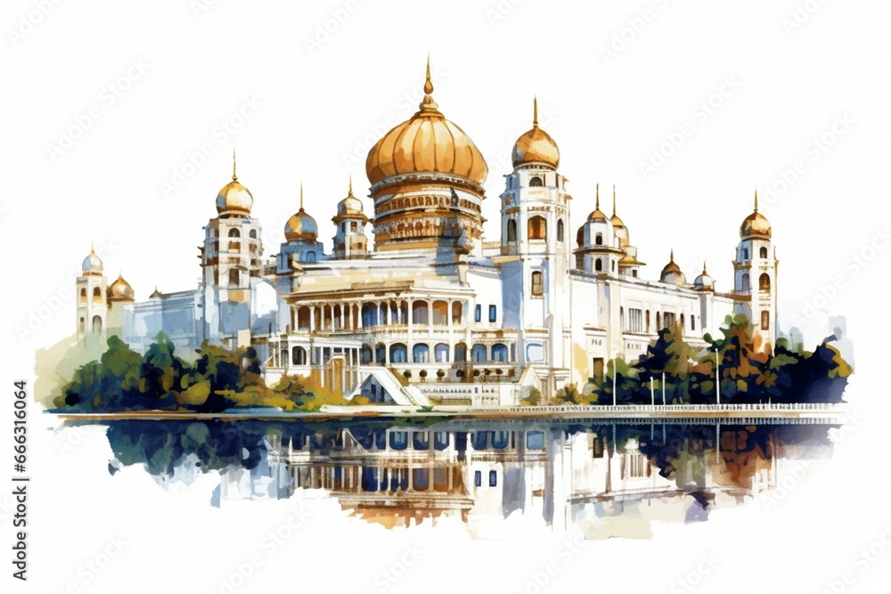 Postcard-like illustration of a grand palace, a well-known vacation destination. White background. Generative AI