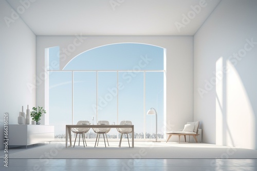 A modern, airy, and spacious white interior with minimalist architecture and expansive windows. Rendered in 3D illustration. Generative AI