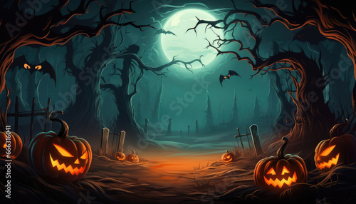 Background with tree branches, graves, bat silhouettes and pumpkins
