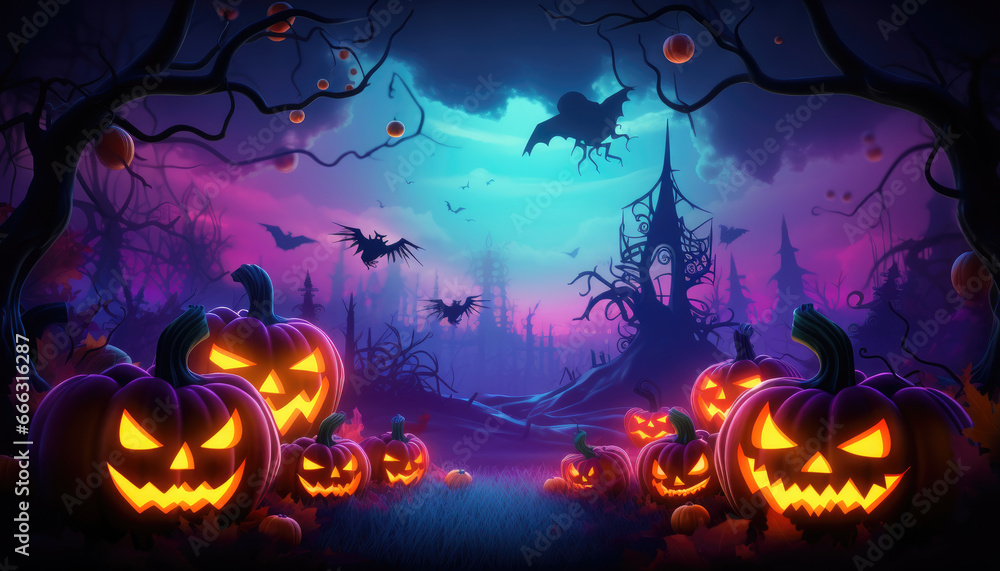 Neon lights halloween party background with pumpkins