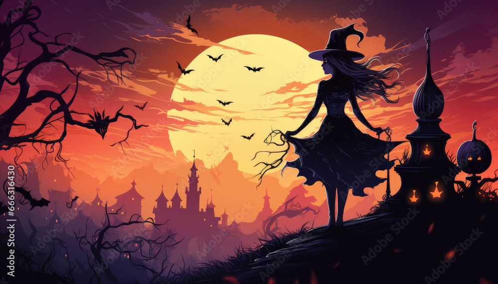Witch and haunted house silhouette sunset halloween wallpaper