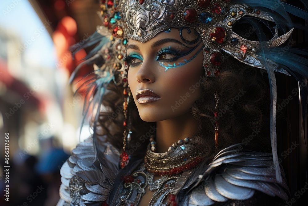 Model set in the jazz-filled streets of New Orleans during Mardi Gras, draped in beads. Model set in the jazz-filled streets of New Orleans during Mardi Gras, draped in beads.