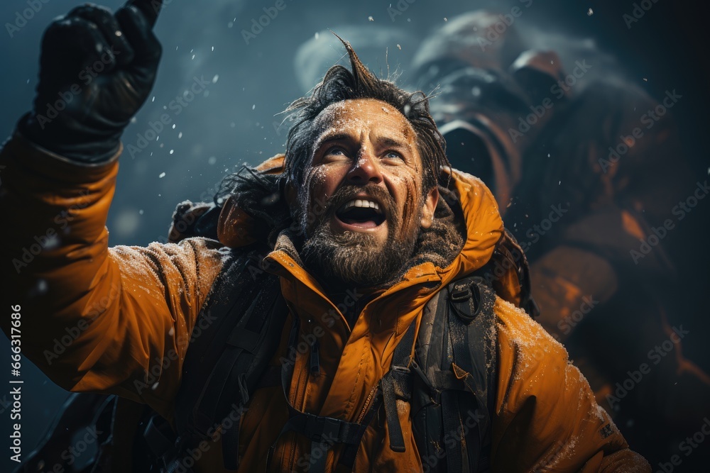 Mountaineer reaching the summit during a blizzard Mountaineer reaching the summit during a blizzard