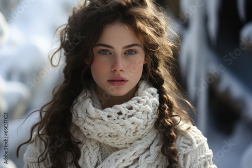 Model portraying a winter wonderland scene, adorned in cozy knitwear.