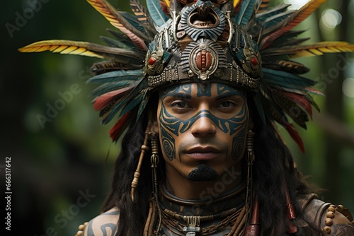Model set against the Amazon rainforest, channeling the aura of a tribal chieftain.