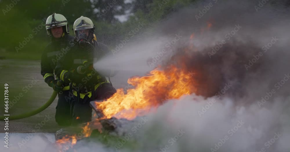 Firefighters fight the fire flame to control fire not to spreading out. Firefighter industrial and public safety concept. Traffic or car accident rescue and help action. Firefighters fight the fire flame to control fire not to spreading out. Firefighter industrial and public safety concept. Traffic or car accident rescue and help action.