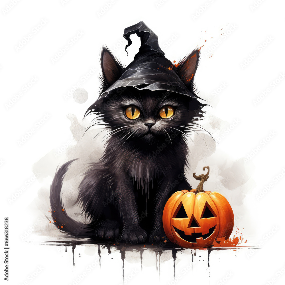 Cute cat in witch hat and pumpkin face