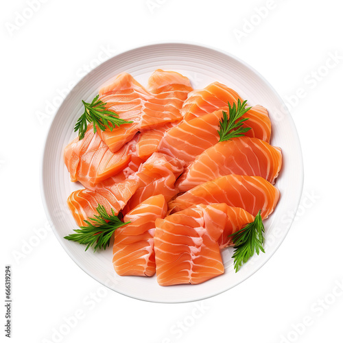 fresh salmon on a plate isolated on transparent background Remove png, Clipping Path