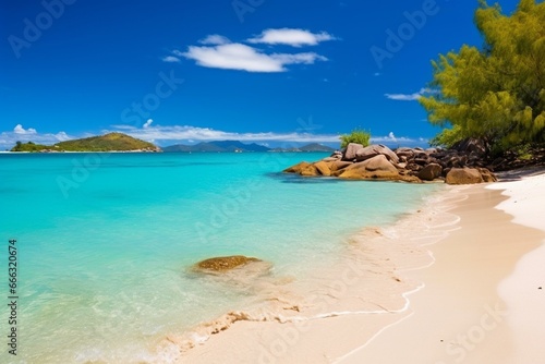 Immaculate sandy beach with clear turquoise water. Generative AI