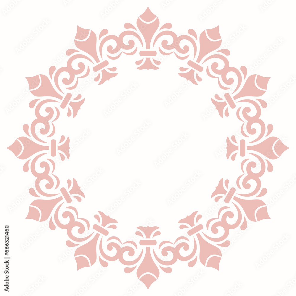 Oriental round frame with arabesques and floral elements. Floral pink border with vintage pattern. Greeting card with circle and place for text