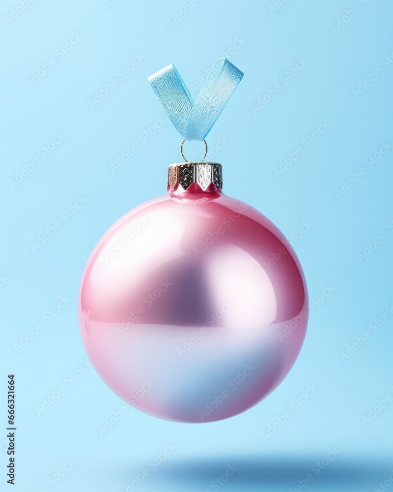 Pink Christmas bauble on blue background. Minimal concept of Christmas celebration and New Year season. Pastel colors