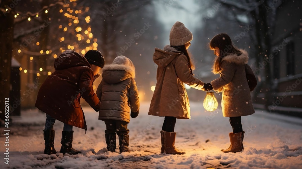 A group of children playing in the snowy twilight
