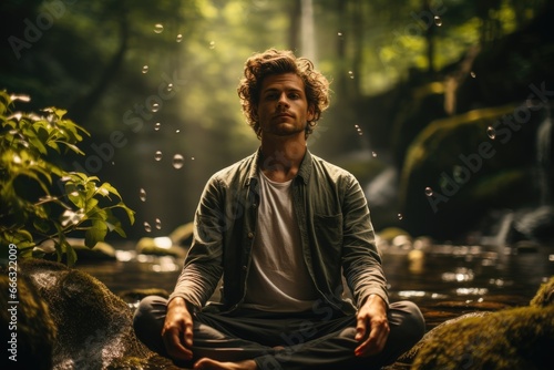 Young man practicing mindfulness in nature
