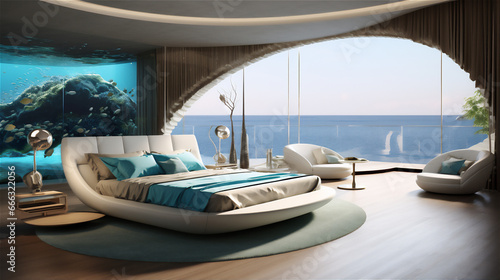 luxury simply minimalist bedroom with ocean theme, giant bed, sofa, © Maizal