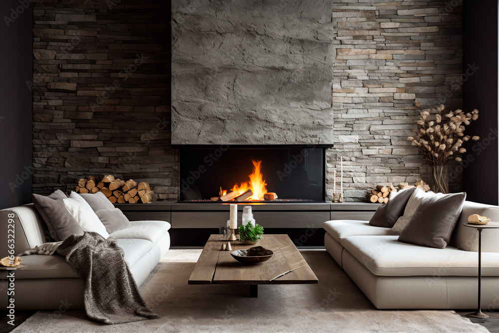 Obraz premium Chalet-style modern living room with two sofas against a stone-tiled wall with a fireplace.