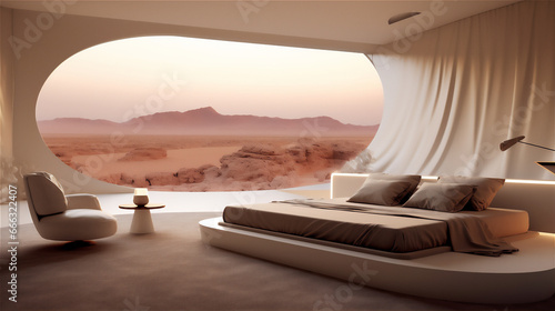 luxury simply minimalist bedroom with desert theme, giant bed, sofa,