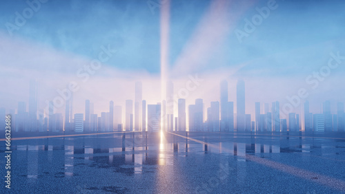 3D Rendering of morning sun rise in mega city. Light reflection from rain puddles on asphalt road surface. Large copy space area. For business district center  CBD     automobile  car background