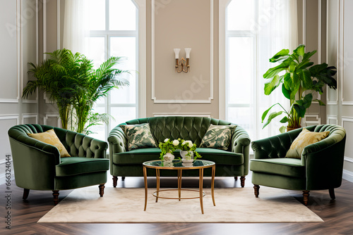 Classic living room features a green velvet tufted sofa and two inviting armchairs 