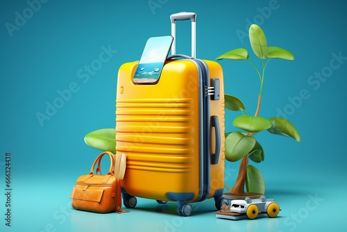 Booking travel on smartphone, yellow suitcase with travel accessories on blue background. Rendering. Generative AI