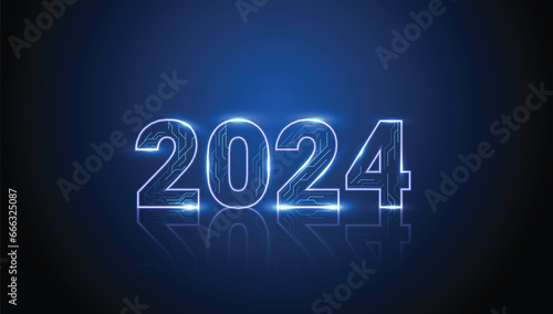 Happy New Year vector holiday in technology sci fi circuit design innovation concept. 3D 2024 date number holiday greeting card. Futuristic web banner template.
