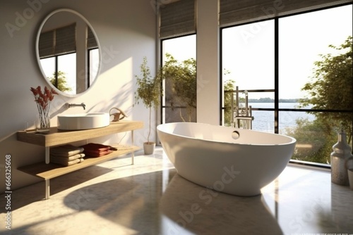 Modern bathroom with white bathtub  tap  mirror  window  daylight. Generative AI