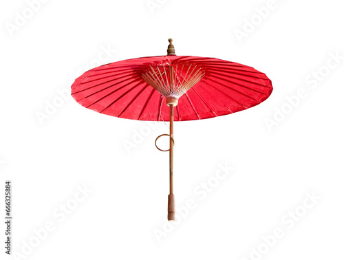 Single open red oil paper umbrella with bamboo wood structure isolated on white background   clipping path