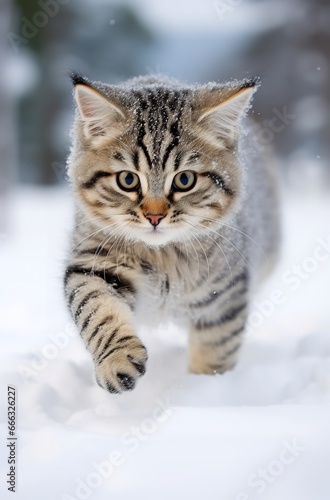 A fluffy striped kitten walks through the snow, its paws leaving small tracks behind. The kitten's eyes are wide and curious, and its tail is held high.