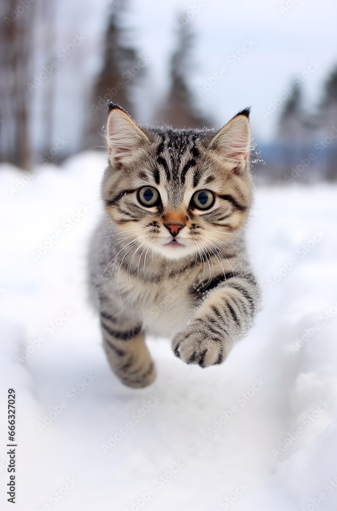 A playful tabby kitten races through the snow, its fluffy fur and striped pattern contrasting with the pristine white landscape. The kitten's eyes are bright and mischievous A playful tabby kitten races through the snow, its fluffy fur and striped pattern contrasting with the pristine white landscape. The kitten's eyes are bright and mischievous