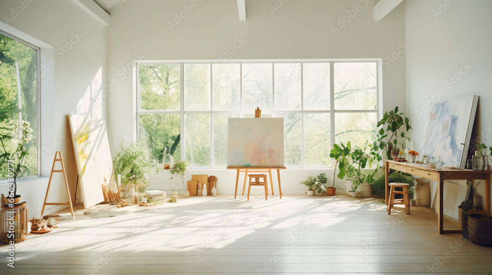 Fototapeta premium 白い壁の明るい観葉植物がある部屋の窓辺、1つ大きな描きかけのキャンバスが置いてるアトリエ、