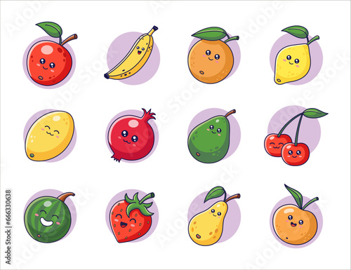 Cute Kawaii Fruits set in cartoon style. Fruits collection. Fruits icons  stickers  mascots. Fruits characters. Vector illustration isolated on white background.