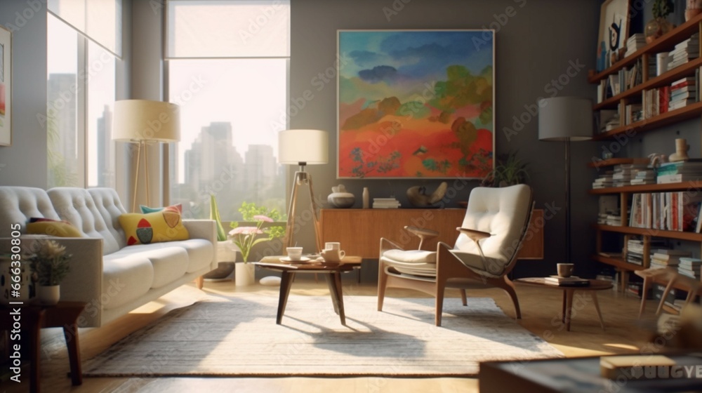 Stylish interior of living room with drawers painting generative ai