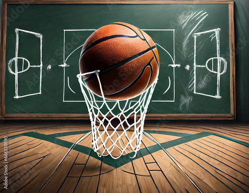Scheme basketball game on blackboard background