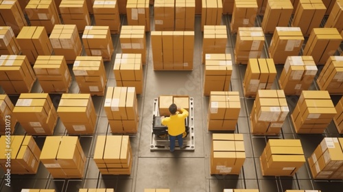 Top view of a warehouse worker moving package generative ai
